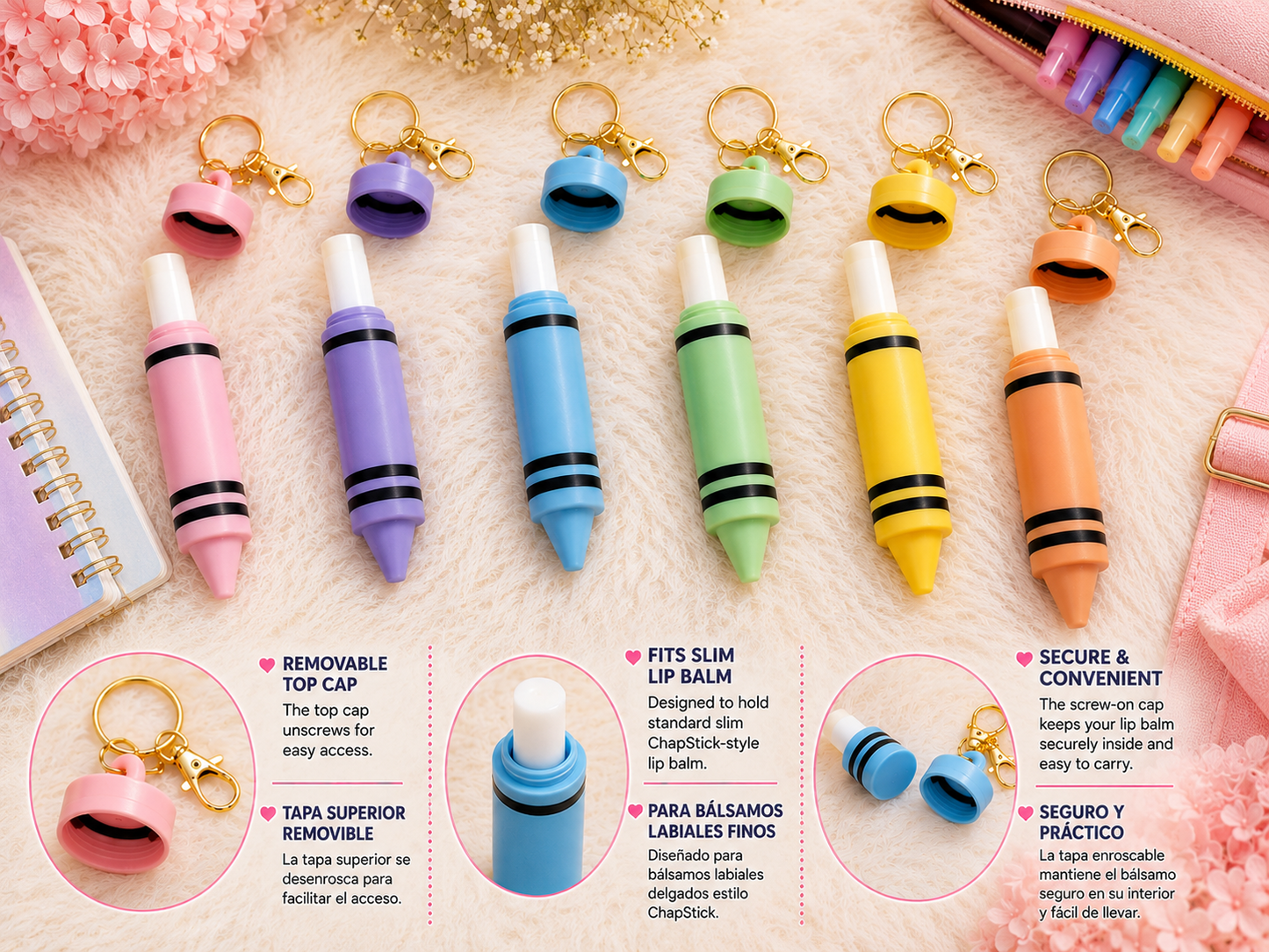 Crayon Lip Balm Holder Keychain | 3D Printed Lip Gloss & Chapstick Holder