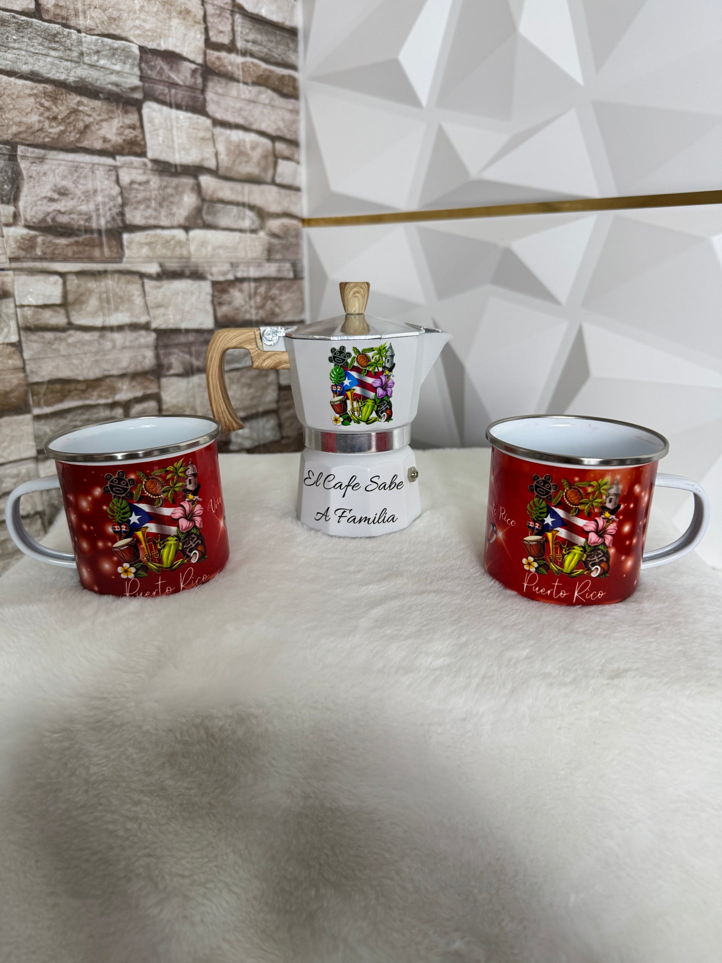 completo de 2 tazas enamel y greca inspiradas en República Dominicana y Puerto Rico