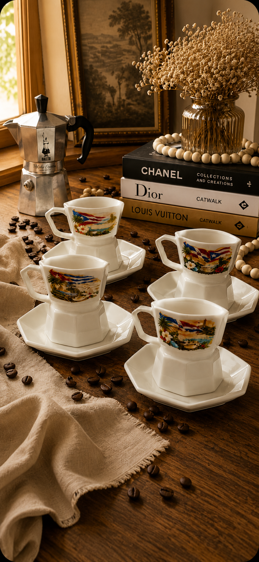 5 oz Greca Style Espresso Cup & Saucer Set | Dominican Republic, Puerto Rico & Cuba