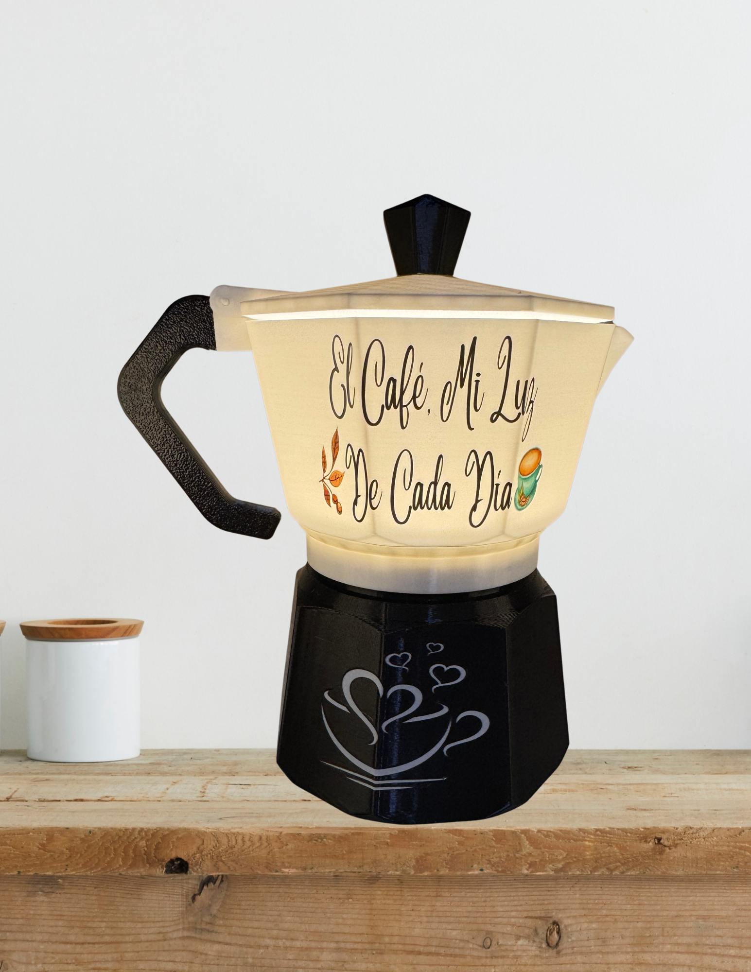 Lámpara estilo greca encendida sobre encimera, decoración cozy para hogar o cafetería