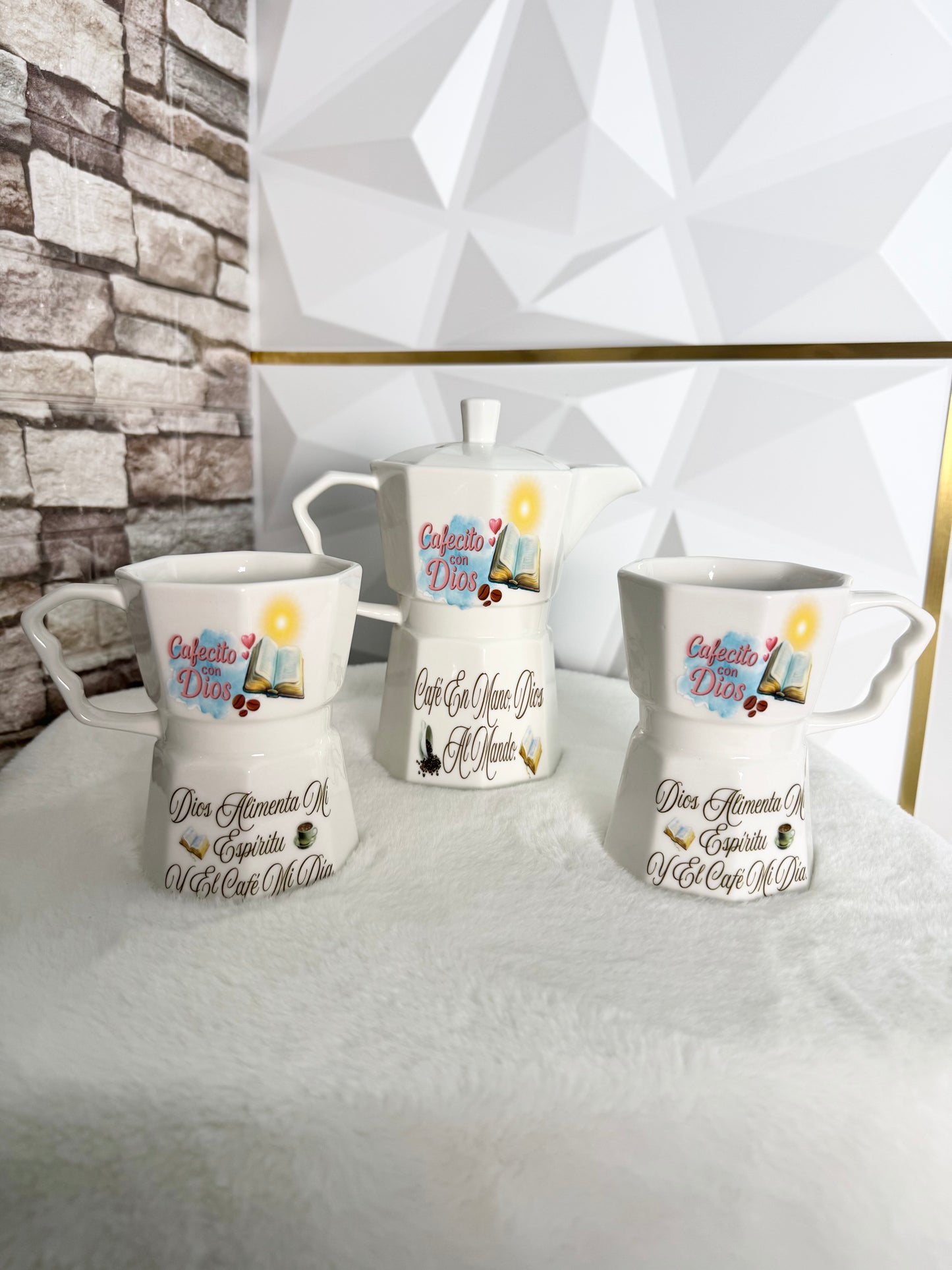 Cafecito with God greca coffee set including two 12 oz mugs and a 20 oz coffee server