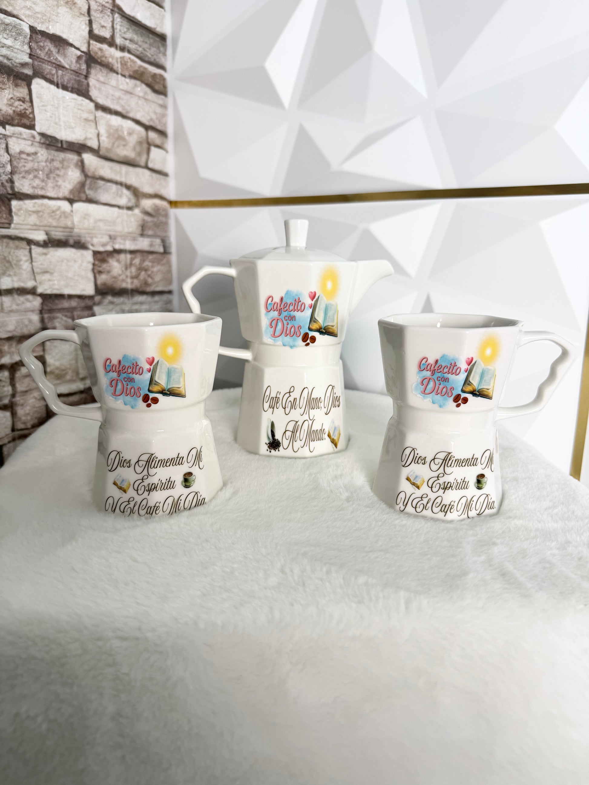 Cafecito with God greca coffee set including two 12 oz mugs and a 20 oz coffee server