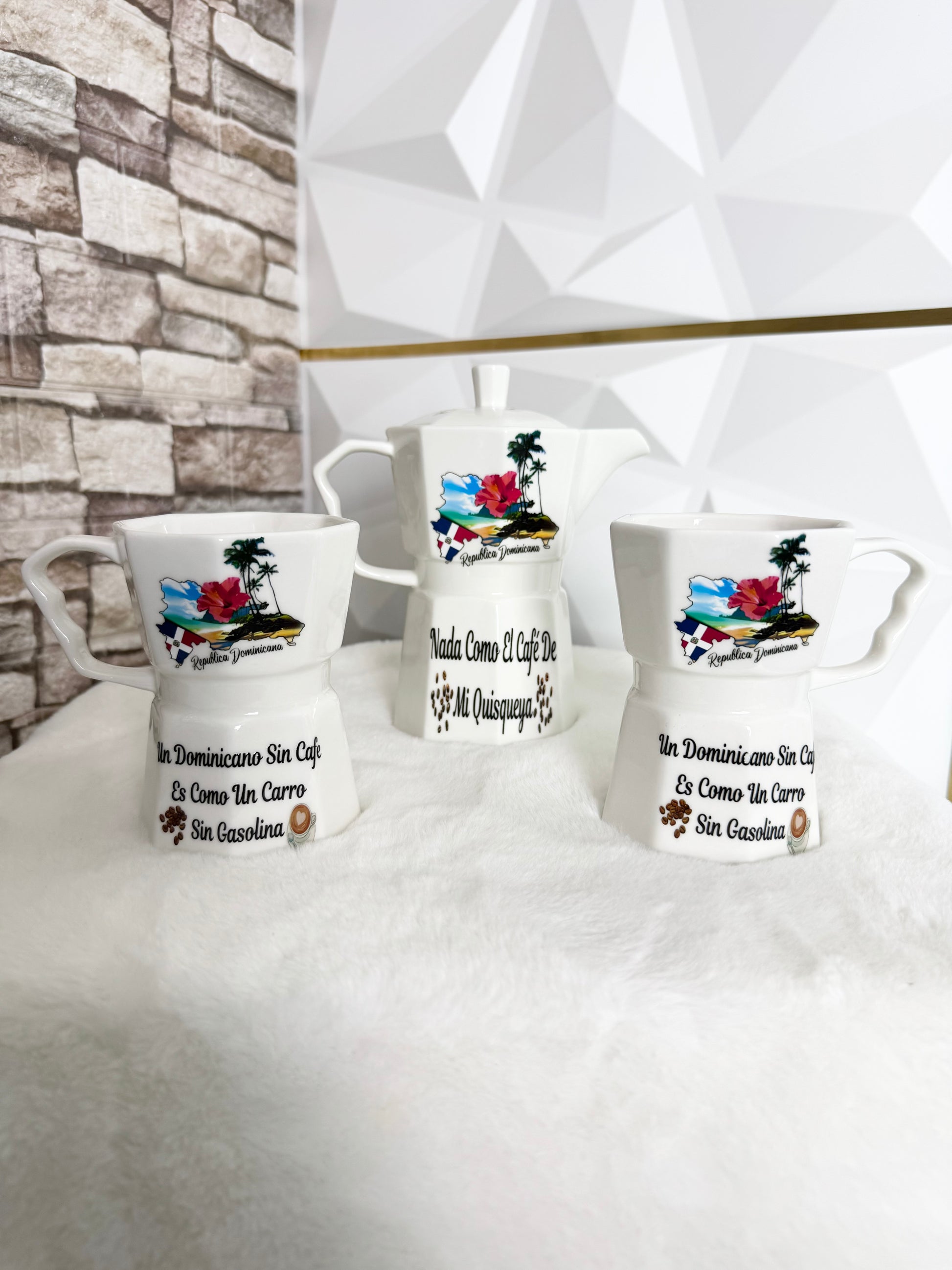 Greca coffee set with two greca-style mugs and coffee server inspired by Dominican Republic culture