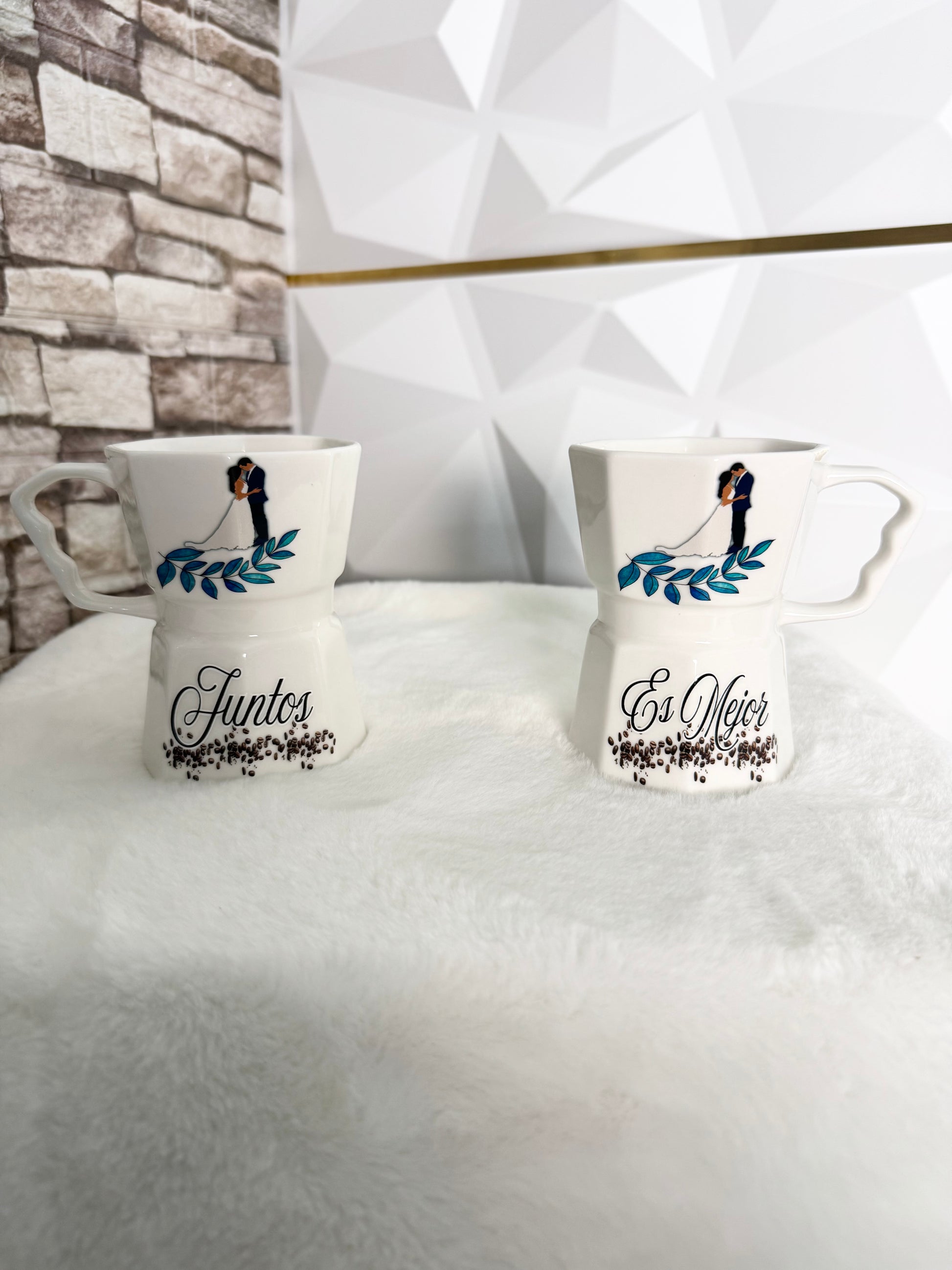Set of two Valentine’s Greca style ceramic mugs with romantic phrases for couples
