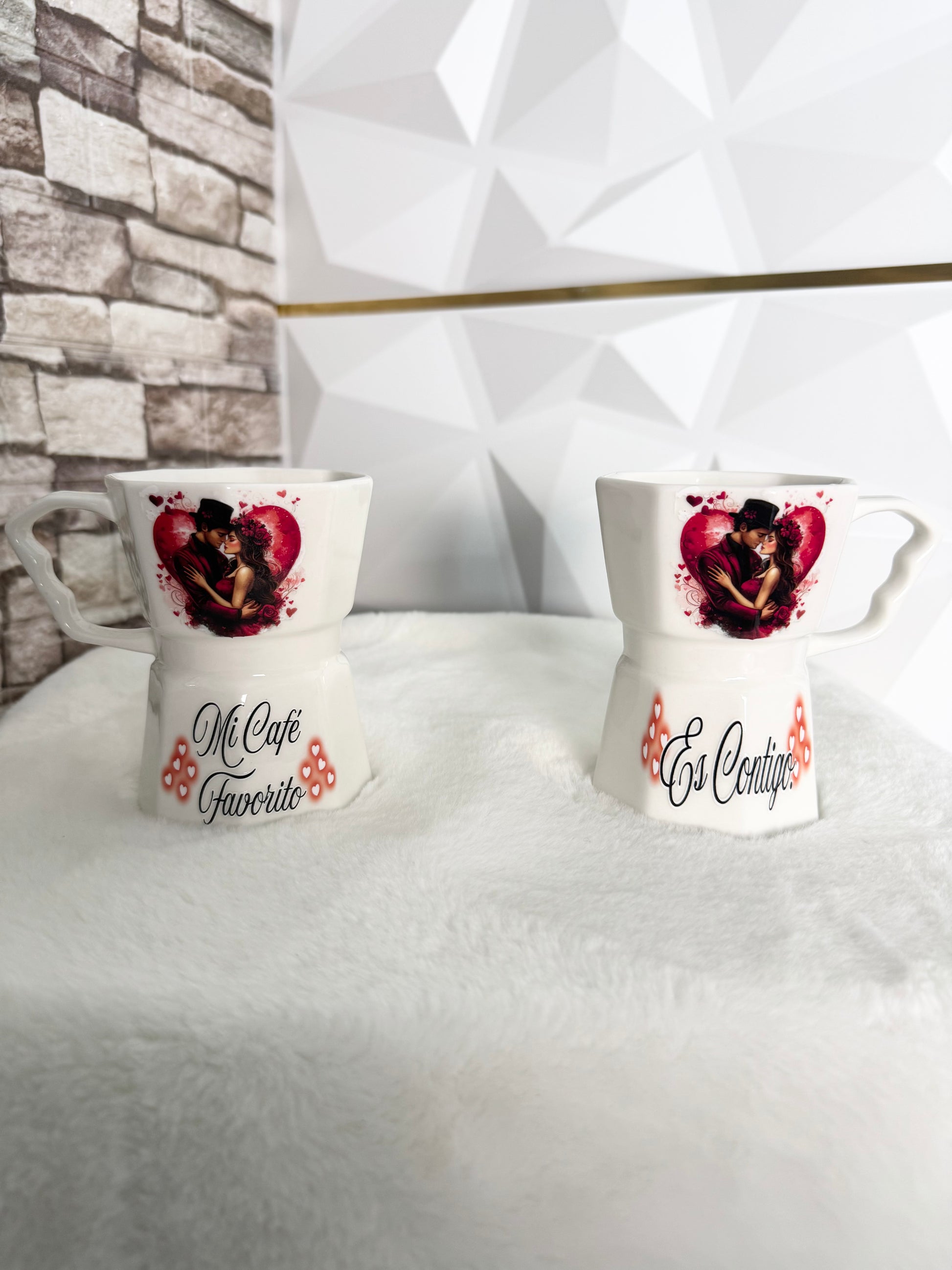 Set of two Valentine’s Greca style ceramic mugs with romantic phrases for couples
