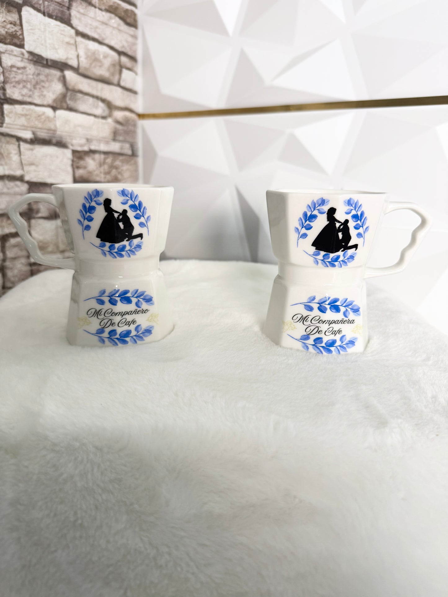 Set of two Valentine’s Greca style ceramic mugs with romantic phrases for couples
