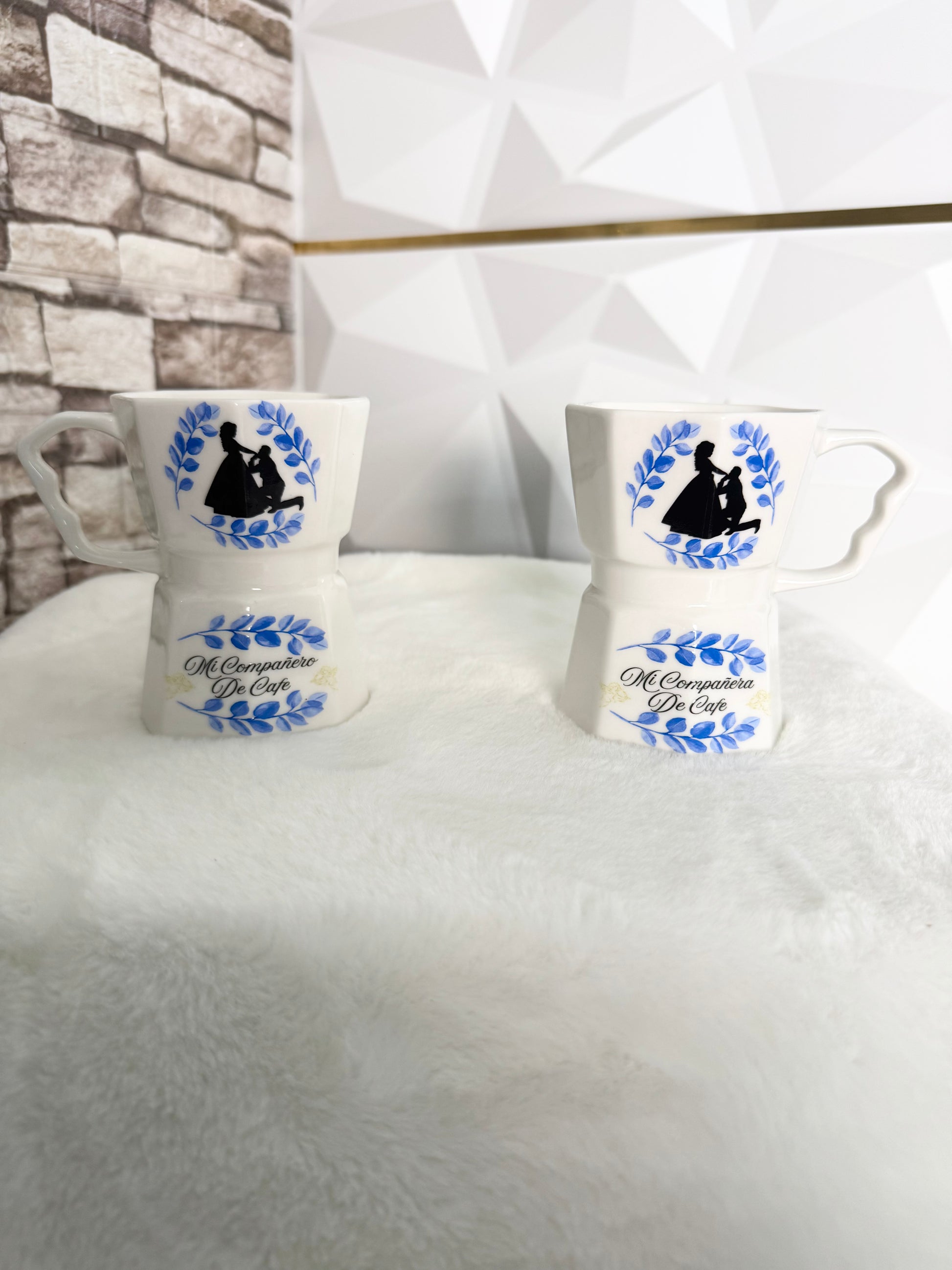 Set of two Valentine’s Greca style ceramic mugs with romantic phrases for couples
