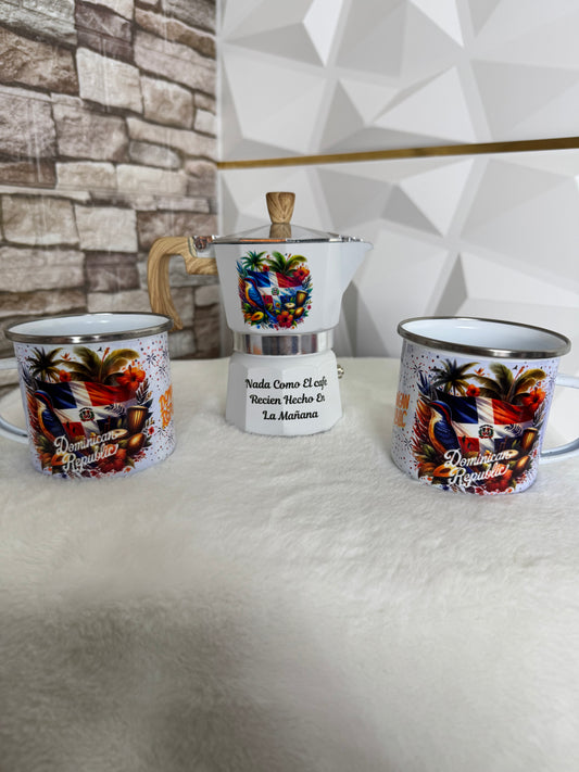 Set completo de 2 tazas enamel y greca inspiradas en República Dominicana y Puerto Rico