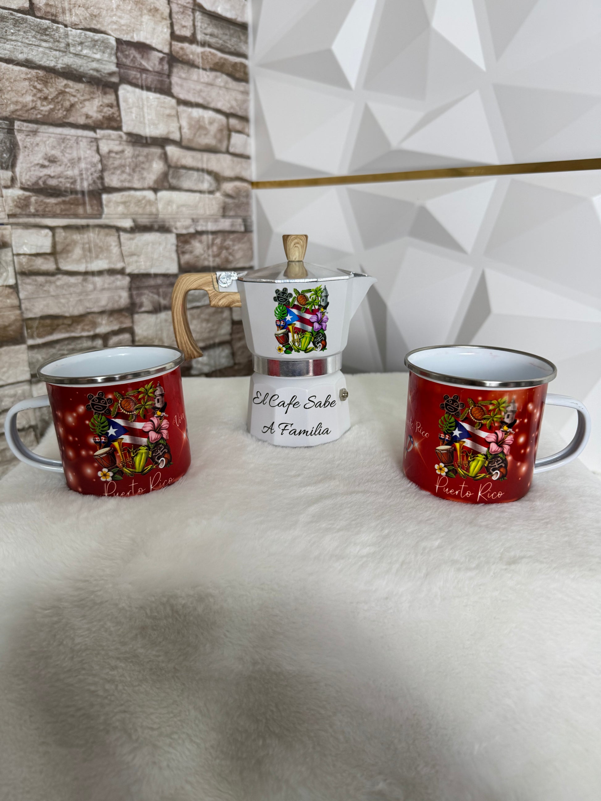 completo de 2 tazas enamel y greca inspiradas en República Dominicana y Puerto Rico