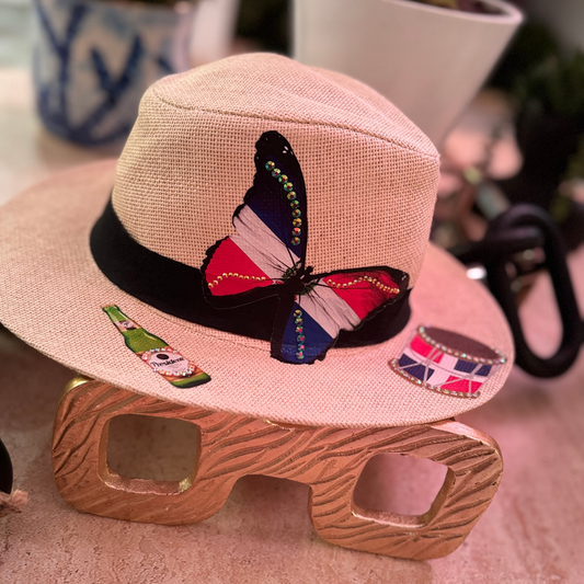 Straw hat with Dominican Republic butterfly design and rhinestone details