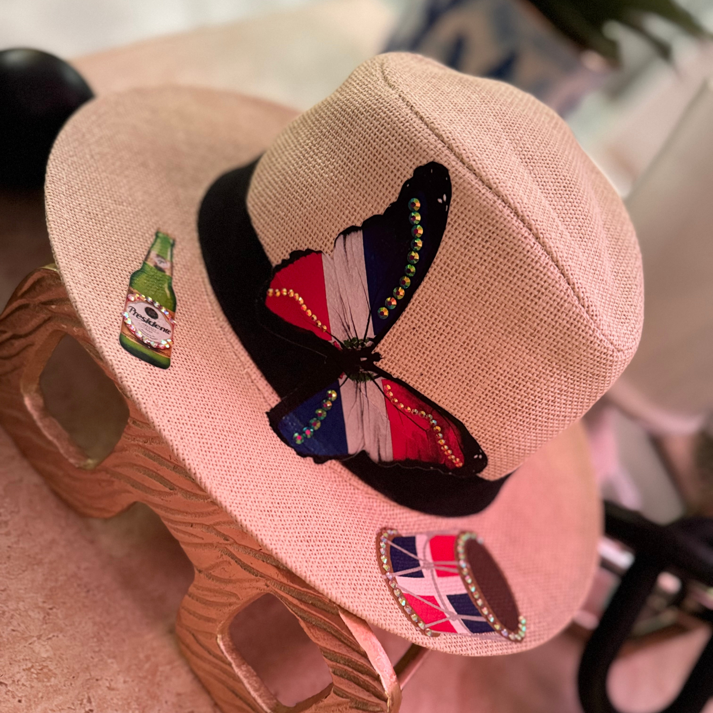 Straw hat with Dominican Republic butterfly design and rhinestone details